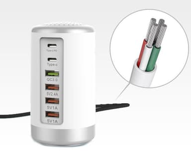 Multilader USB 65W hurtiglader - Hvit / sølv
