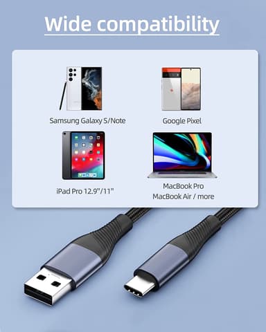 NÖRDIC 1m USB3.2 Gen1 USB-C til A nylonflettkabel hurtiglading 3A 5Gbps Strømforsyning PD 60W