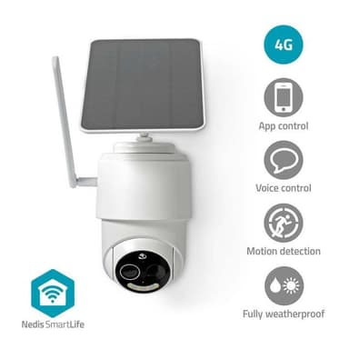 Nedis SmartLife Utendørs kamera | 4G | Full HD 1080p | Panorering og vipping | IP65 | Cloud Storage (valgfritt) / microSD (ikke inkludert) | 5 V DC | Med bevegelses sensor | Nattsyn | Hvit