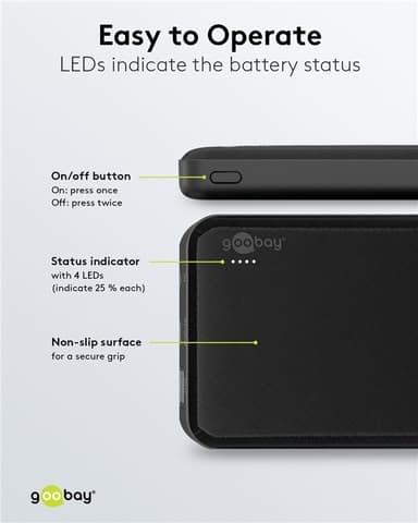 Goobay Powerbank Slimline 10 000 mAh kraftig 10 000 mAh i en praktisk og kompakt design med status-LED-er