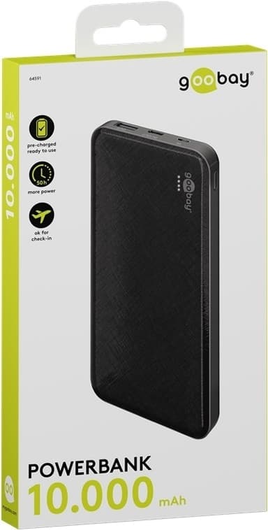 Goobay Powerbank Slimline 10 000 mAh kraftig 10 000 mAh i en praktisk og kompakt design med status-LED-er