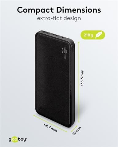 Goobay Powerbank Slimline 10 000 mAh kraftig 10 000 mAh i en praktisk og kompakt design med status-LED-er