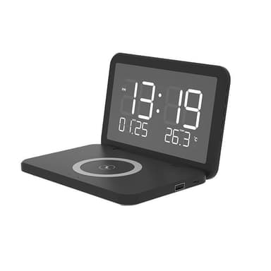 Digital vekkerklokke og termometer med QI-lading