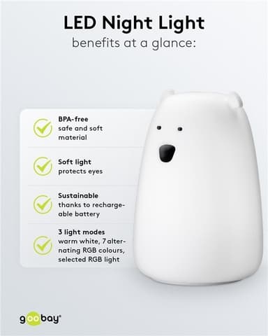 Goobay LED-nattlampa ""Isbjörn"" varmvitt ljus och 7 färgskiftningar (RGB-ljus), med 3 ljuslägen, beröringssensor och Li-ion-batteri (3,7 V/1200 mAh), tillverkat av mjukt silikon
