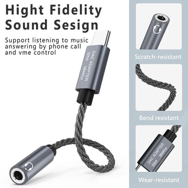 32bit / 384kHz USB-C til 3,5 mm lydadapterkabel DAC-adapter Grå