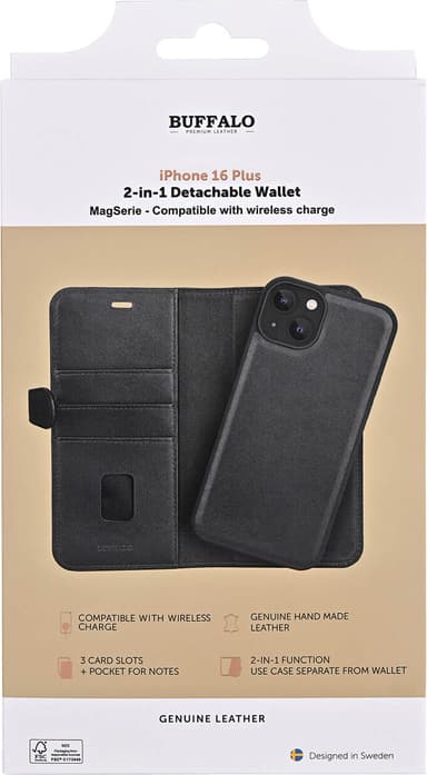 Buffalo iPhone 16 Plus 2in1 Leather MagSeries lommebokdeksel (sort)