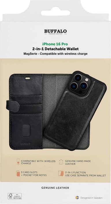 Buffalo iPhone 16 Pro 2in1 Leather MagSeries lommebokdeksel (sort)