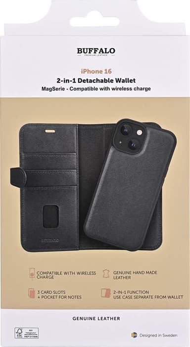 Buffalo iPhone 16 2in1 Leather MagSeries lommebokdeksel (sort)