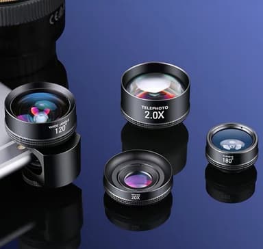 20X makroobjektiv / 180 ° Fisheye-objektiv / 120 ° vidvinkelobjektiv / 2,0X teleobjektiv