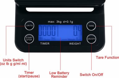 Digital kjøkkenvekt / kaffevekt 3 kg/0.1g Svart Sort