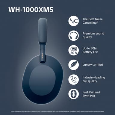 Sony WH-1000XM5 trådløse around-ear hodetelefoner (midnattsblå)