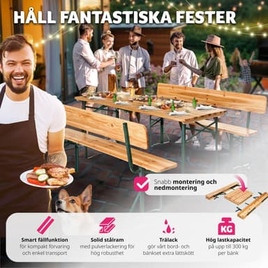Ølbord med 2 benker 176 cm med ryggstøtte - brun