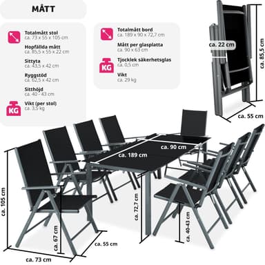 Aluminium hagebord med 8 stoler - Hagemøbler - antrasitt