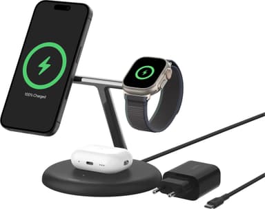 Belkin BoostCharge Pro 3-in-1 Qi2 trådløs ladestasjon (sort)
