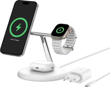 Belkin BoostCharge Pro 3-in-1 Qi2 trådløs ladestasjon (hvit)
