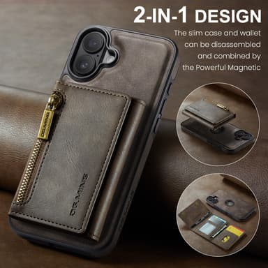 2-i-1 magnetisk lommebokdeksel for iPhone 16 Plus - Kaffe (M5 Combo)