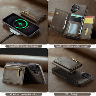 2-i-1 magnetisk lommebokdeksel for iPhone 16 Plus - Kaffe (M5 Combo)