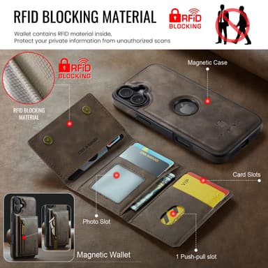 2-i-1 magnetisk lommebokdeksel for iPhone 16 Plus - Kaffe (M5 Combo)