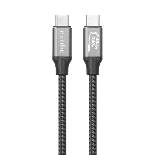 NÖRDIC 1m USB4 USB-C til C nylonflettkabel PD3.1 med 240W hurtiglading 40G 8K60Hz 4K120Hz 5K60Hz 2x4K60Hz med Emarker kompatibel med TB 4 og 3