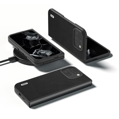 ABEEL til Google Pixel 9 Pro Fold 5G-deksel Ekte Kuskinn+PC Mobiltelefonveske - Svart