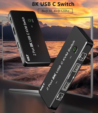 NÖRDIC 2 til 2 KVM-svitsj USB-C og skjermport 1xDP 1xHDMI 8K 60Hz 3xUSB-A