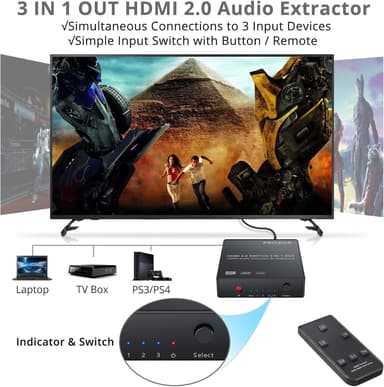 NÖRDIC HDMI-svitsj 3 til 1 4K30Hz 3D PIP med lydavtrekk 1xOptisk toslink 1x stereo 3,5mm
