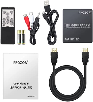 NÖRDIC HDMI-svitsj 3 til 1 4K30Hz 3D PIP med lydavtrekk 1xOptisk toslink 1x stereo 3,5mm