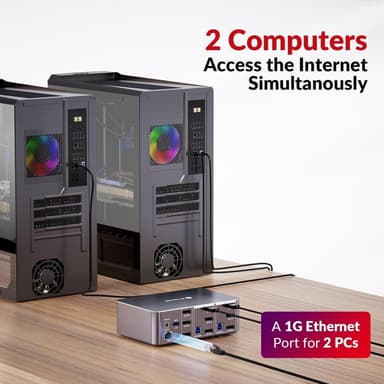 AV Access-dokkingstasjon og KVM-svitsj 2 til 3 DP til DP, 8K60Hz, 5x USB-A, 1x USB-C PD, 3,5 mm AUX, SD-kortspor og 1 Gbps ethernet