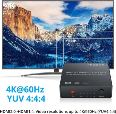 NÖRDIC HDMI-svitsj 3 til 1 4K30Hz 3D PIP med lydavtrekk 1xOptisk toslink 1x stereo 3,5mm