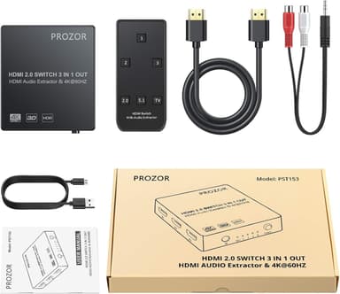 NÖRDIC HDMI-svitsj 3 til 1 4K30Hz 3D PIP med lydavtrekk 1xOptisk toslink 1x stereo 3,5mm