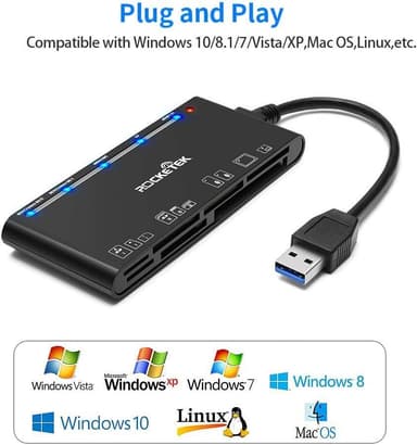 NÖRDIC USB-A kortleser 7 spor 1xCF, 2xSD, 2xMicroSD, 1xMS, 1xXD UHS-I