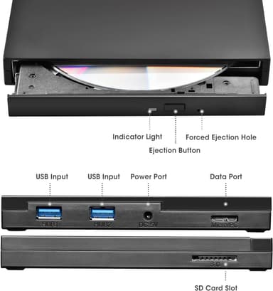 NÖRDIC Bærbar CD-brenner og spiller og USB-hub med SD/TD-kortleser