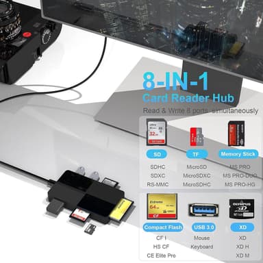 NÖRDIC USB-A kortleser 5 spor CF, SD, MicroSD, MS, XD, 3xUSB-A UHS-I
