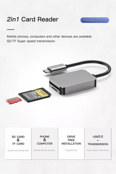 NÖRDIC USB-C 3.1 Kortleser 2 Spor SD 4.0 og MicroSD UHS-II