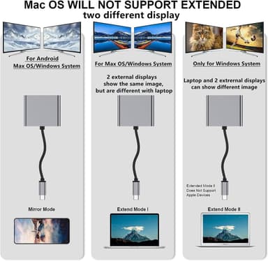 NÖRDIC USB-C-adapter for doble HDMI-skjermer, 4K 60Hz, Windows, MacOS, Android