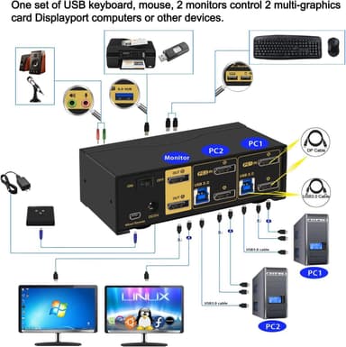 KVM-svitsj 2 til 2 DisplayPort til DisplayPort, 8K30Hz 4K144Hz, 3x USB-A, 2x 3,5 mm AUX