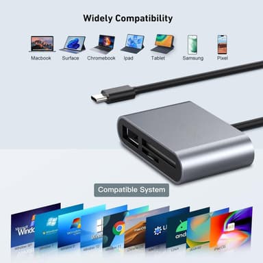 NÖRDIC USB-C kortleser 2 spor SD, MicroSD, 1xUSB-A UHS-I