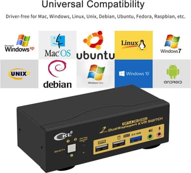 KVM-svitsj 2 til 2 DisplayPort til DisplayPort, 8K30Hz 4K144Hz, 3x USB-A, 2x 3,5 mm AUX