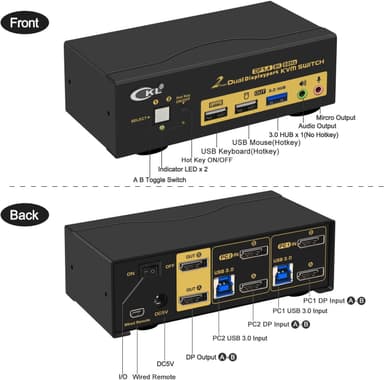 KVM-svitsj 2 til 2 DisplayPort til DisplayPort, 8K30Hz 4K144Hz, 3x USB-A, 2x 3,5 mm AUX
