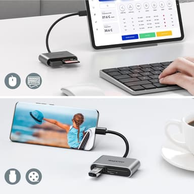 NÖRDIC USB-C kortleser 2 spor SD, MicroSD, 1xUSB-A UHS-I