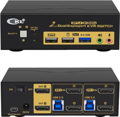 KVM-svitsj 2 til 2 DisplayPort til DisplayPort, 8K30Hz 4K144Hz, 3x USB-A, 2x 3,5 mm AUX