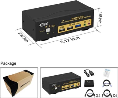 KVM-svitsj 2 til 2 DisplayPort til DisplayPort, 8K30Hz 4K144Hz, 3x USB-A, 2x 3,5 mm AUX
