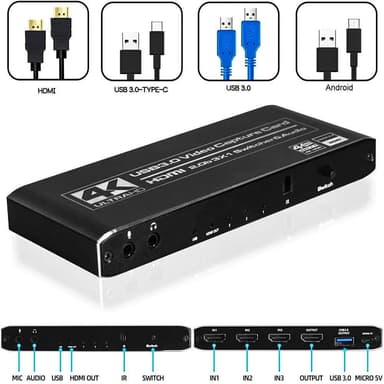 NÖRDIC HDMI Switch 3 til 1 med videoopptakskort HDMI2.0 4K60Hz USB3.1 Mikrofon og lydutgang HDMI Signalløkkeutgang HDR HDCP2.2 EDID RGB8: 8:8