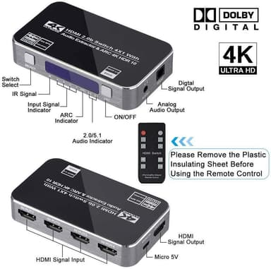 NÖRDIC HDMI Switch 4 til 1 med Audio Extractor og ARC 4K60Hz MHL Dolby True SPDIF Stereo 3D