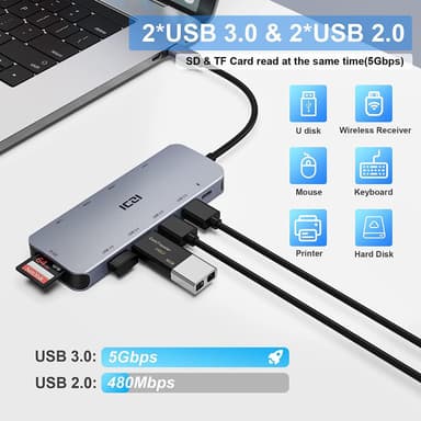NÖRDIC 1 til 11 USB-C-dokkingstasjon for trippelskjermer 2xHDMI 4K30Hz, 1xVGA Mac M1 M2 PD 100W Thunderbolt 3 & 4