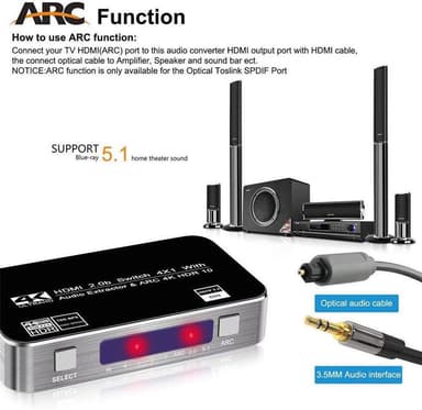 NÖRDIC HDMI Switch 4 til 1 med Audio Extractor og ARC 4K60Hz MHL Dolby True SPDIF Stereo 3D