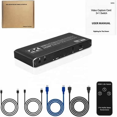 NÖRDIC HDMI Switch 3 til 1 med videoopptakskort HDMI2.0 4K60Hz USB3.1 Mikrofon og lydutgang HDMI Signalløkkeutgang HDR HDCP2.2 EDID RGB8: 8:8