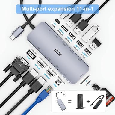 NÖRDIC 1 til 11 USB-C-dokkingstasjon for trippelskjermer 2xHDMI 4K30Hz, 1xVGA Mac M1 M2 PD 100W Thunderbolt 3 & 4