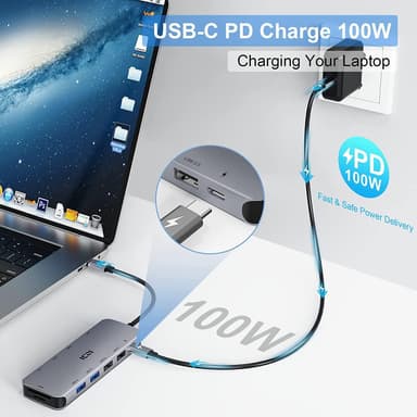NÖRDIC 1 til 11 USB-C-dokkingstasjon for trippelskjermer 2xHDMI 4K30Hz, 1xVGA Mac M1 M2 PD 100W Thunderbolt 3 & 4