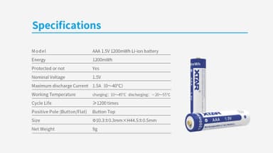 XTAR AAA 1.5V 1200mWh Batterier 4stk